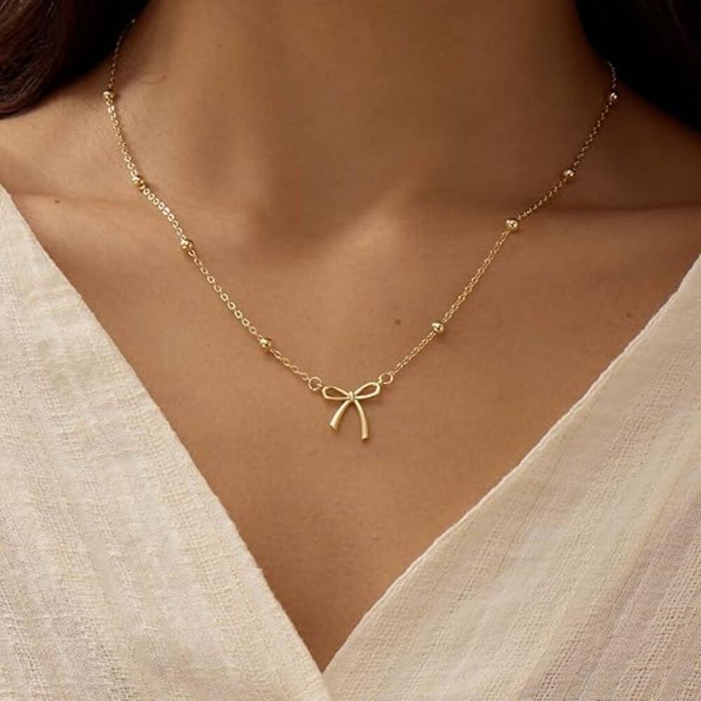 14K Gold Plated Cute Gold-Bead-1 Choker Small Bow Pendant Charm Necklaces - Picture 6 of 6